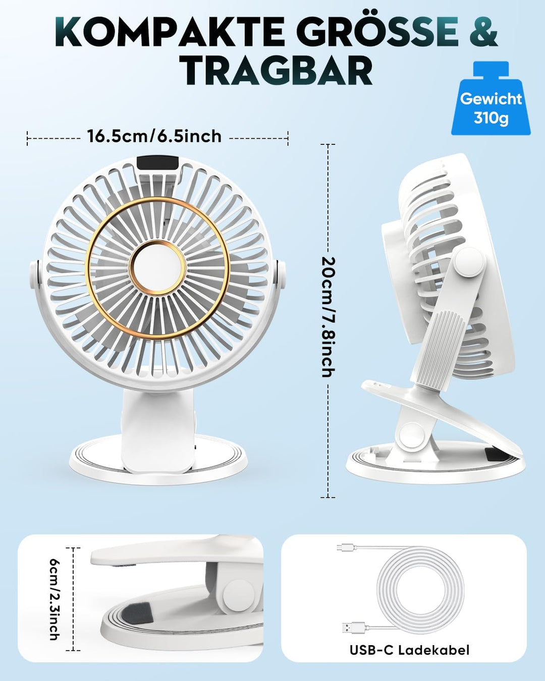 COZII Mini Ventilator, USB Ventilator Leise Clip Ventilator mit LED-Anzeige, 720° Drehung & 5 Geschw