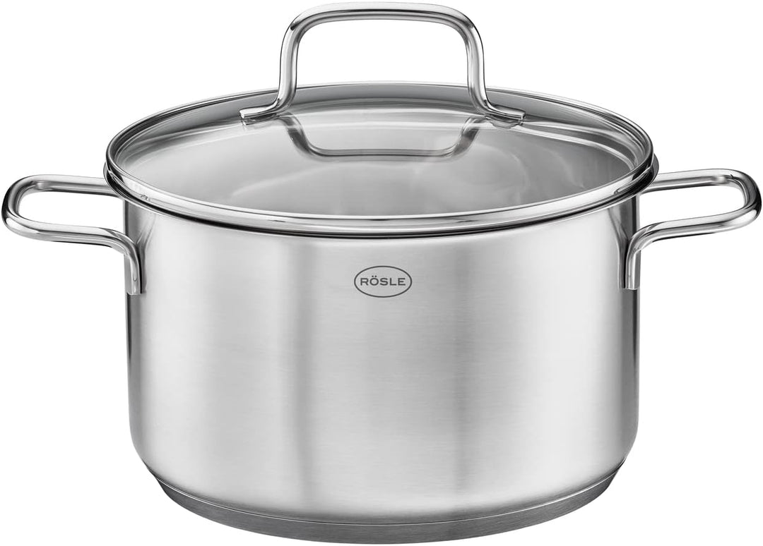 RÖSLE Basic Line Kochtopf Ø 24 cm, Universaltopf aus Edelstahl 18/10, mit Glasdeckel und Schüttrand,