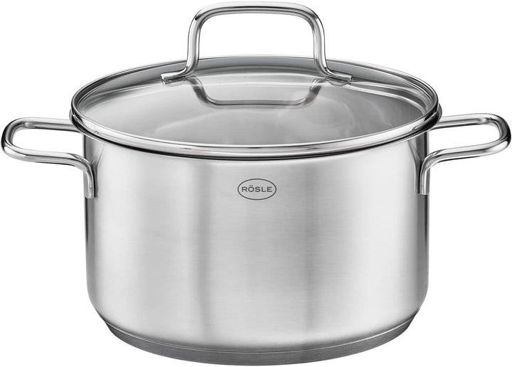 RÖSLE Basic Line Kochtopf Ø 24 cm, Universaltopf aus Edelstahl 18/10, mit Glasdeckel und Schüttrand,