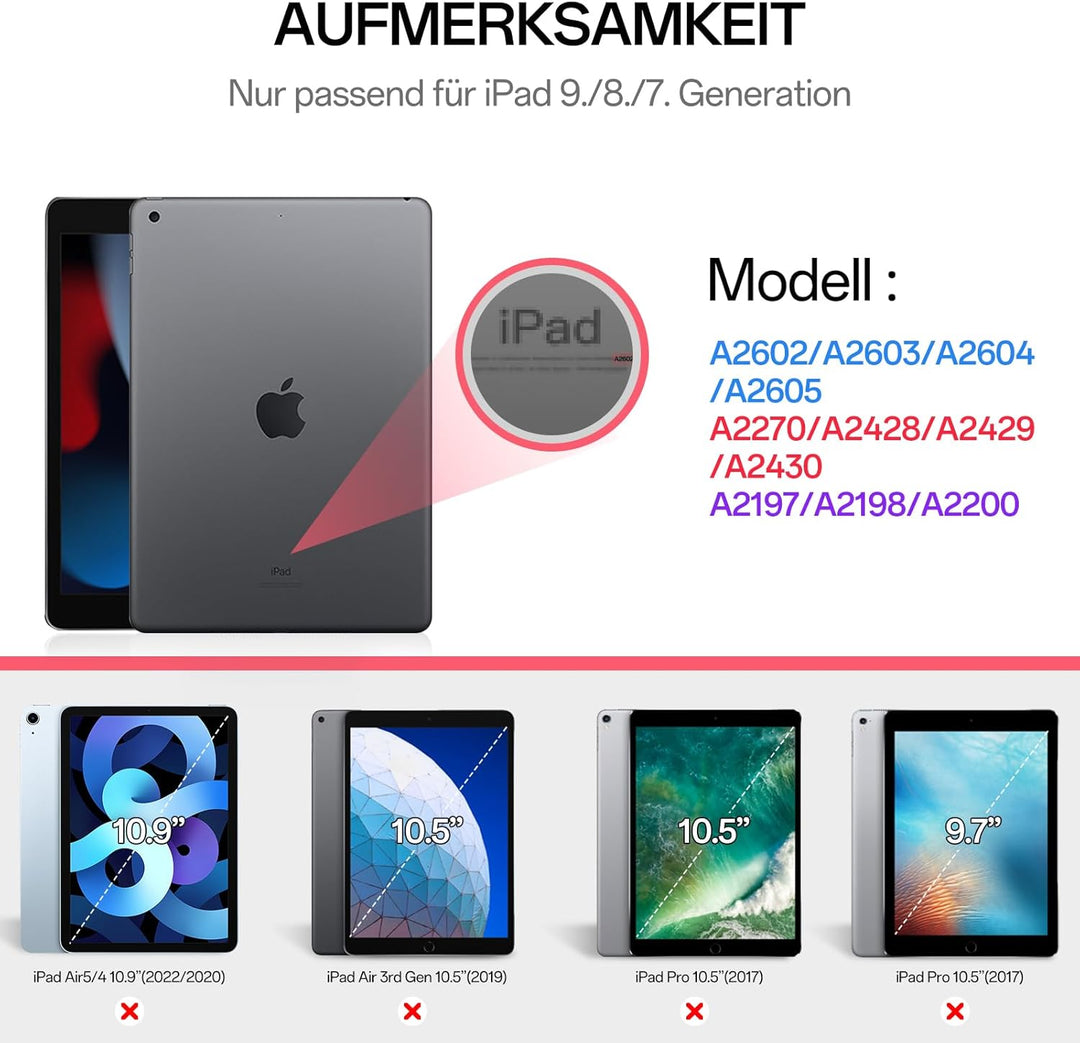 Hülle mit Tastatur für iPad 9/8/7 Generation (2021/2020/ 2019), Weiche TPU Rückseite mit Stifthalter