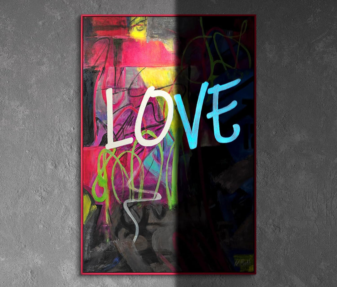 YS-Art XXL Abstrakt Fluoreszierendes selbst leuchtendes Acryl 3D Gemälde auf Leinwand Love handgemal