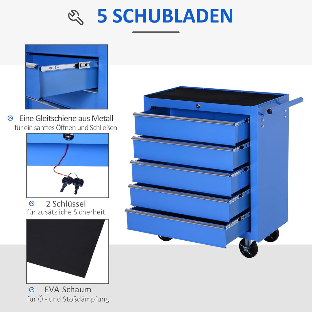 HOMCOM Fahrbarer Werkstattwagen Werkzeugwagen Rollwagen Werkzeugkasten mit 5 Schubladen blau