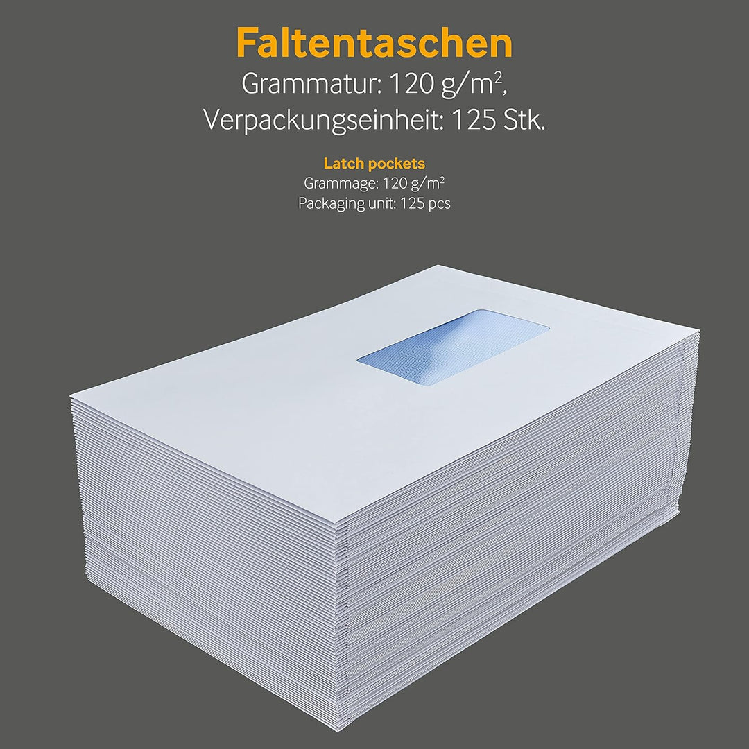 Faltentaschen Versandtaschen, C5, 162 x 229 x 25 mm, weiss, 125 Stück, mit Fenster, Haftklebung mit