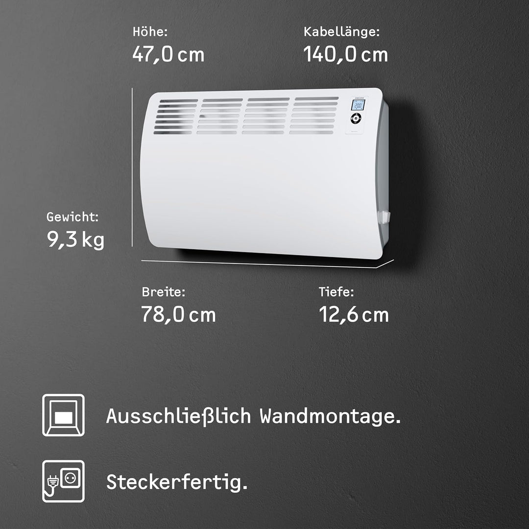 STIEBEL ELTRON Wandkonvektor CON 20 Premium, 2 kW für ca. 25 m², VDE geprüft, LC-Display, Wochentime