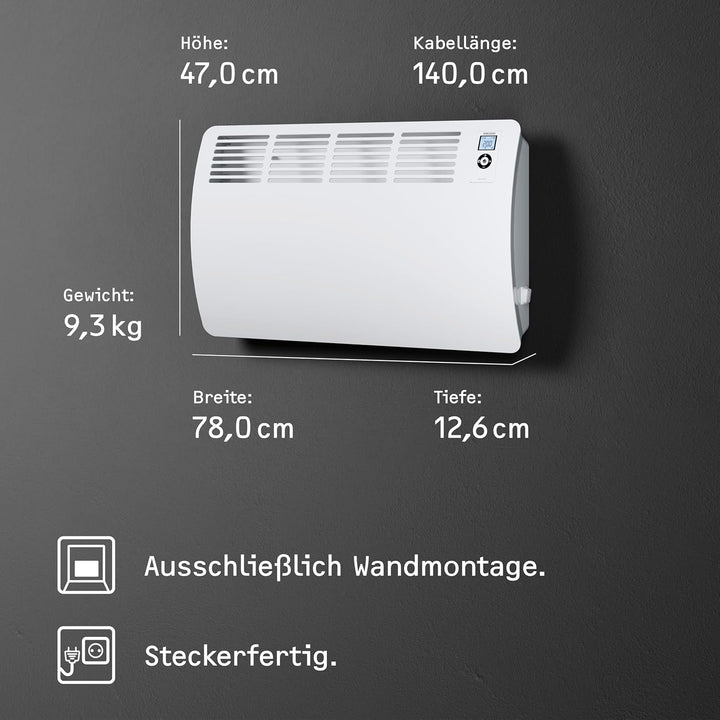 STIEBEL ELTRON Wandkonvektor CON 20 Premium, 2 kW für ca. 25 m², VDE geprüft, LC-Display, Wochentime