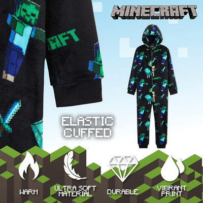 Minecraft Fleece Jumpsuit Kinder Jungen Schlafoverall mit Kapuze, Gamer Geschenke für Kinder Teenage
