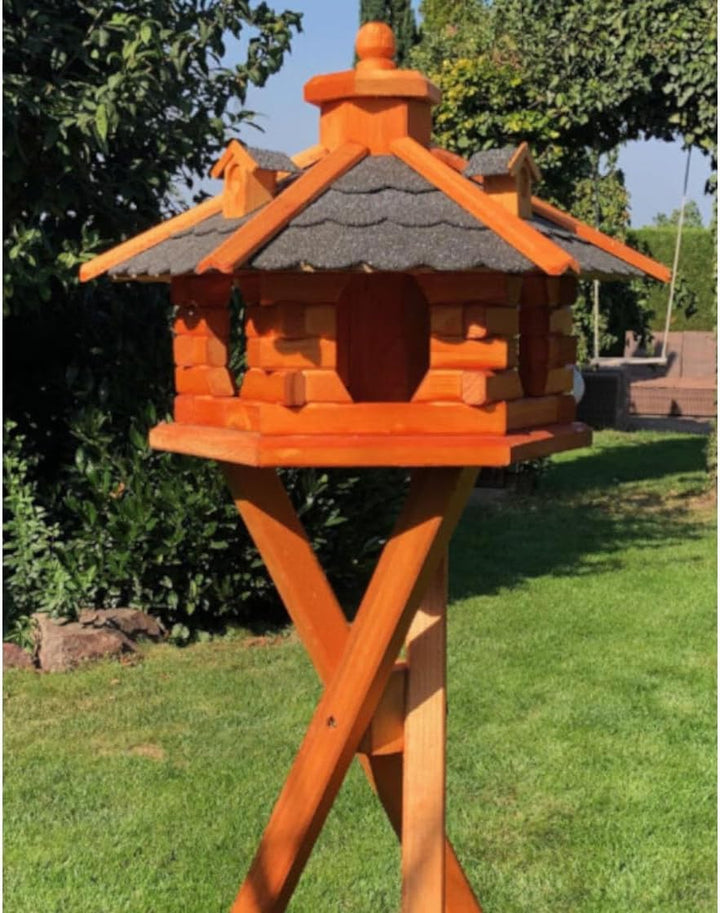 DARLUX Handgefertigtes Sechseck Vogelhaus aus Holz wetterfest M - XL mit und ohne Ständer I Futterha