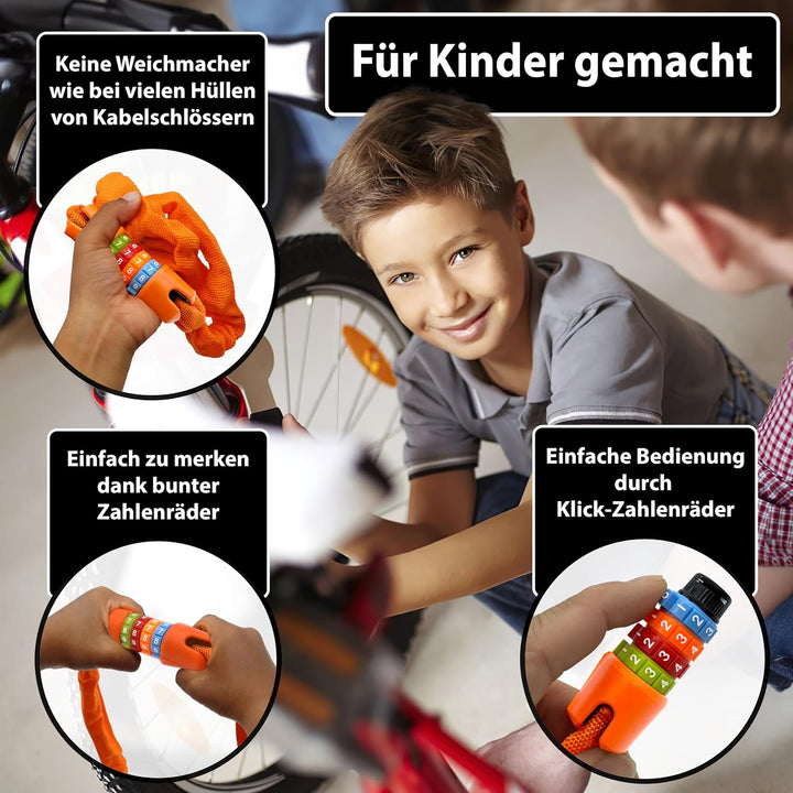 KOHLBURG Kinder Fahrradschloss Zahlenschloss 4 stellig [ohne Weichmacher, Stahlkette] - Kinderschlos