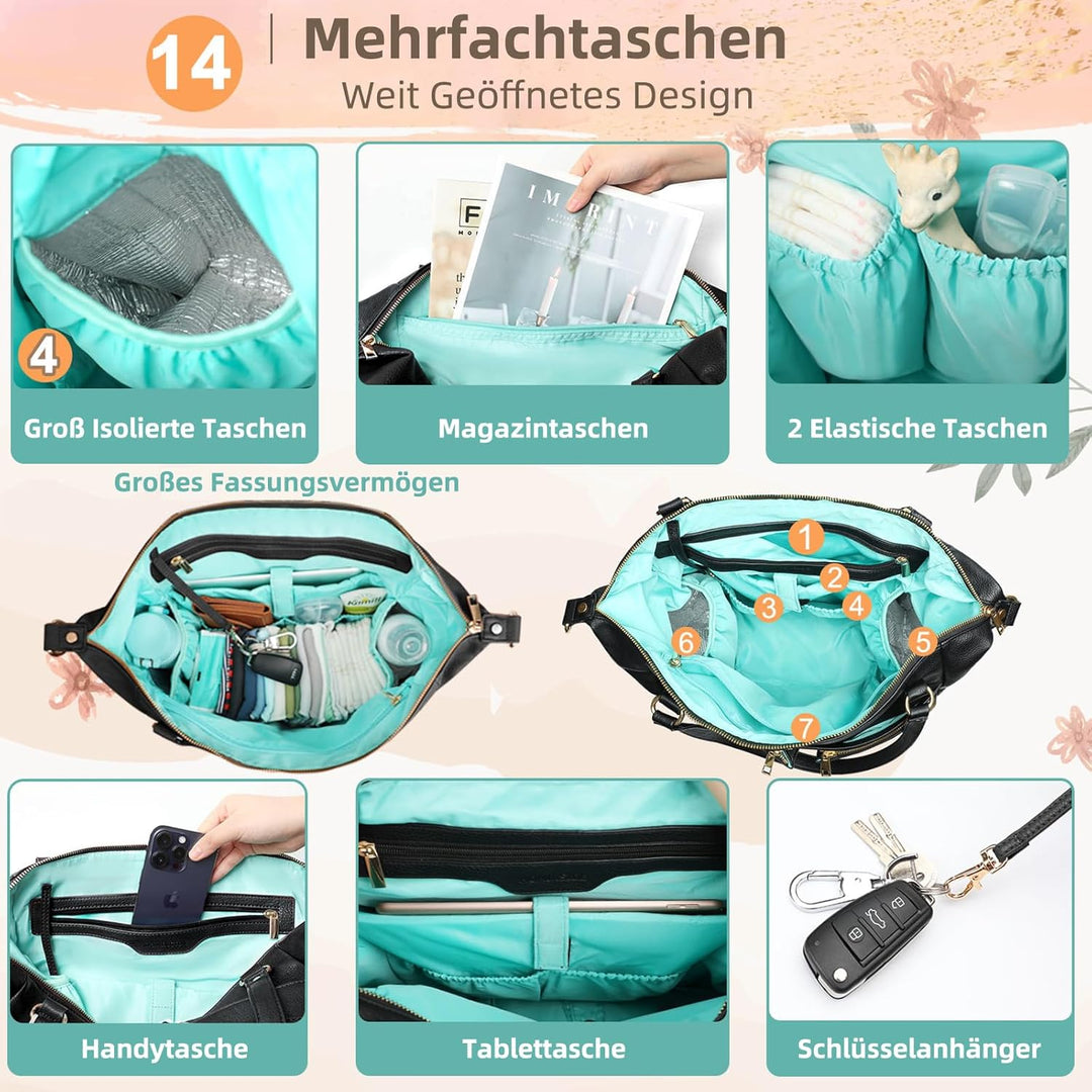 MISS FONG Wickelrucksack Wickeltasche Leder, Baby Rucksack Wickelrucksack Grosse Kapazität Mit 13 Wi