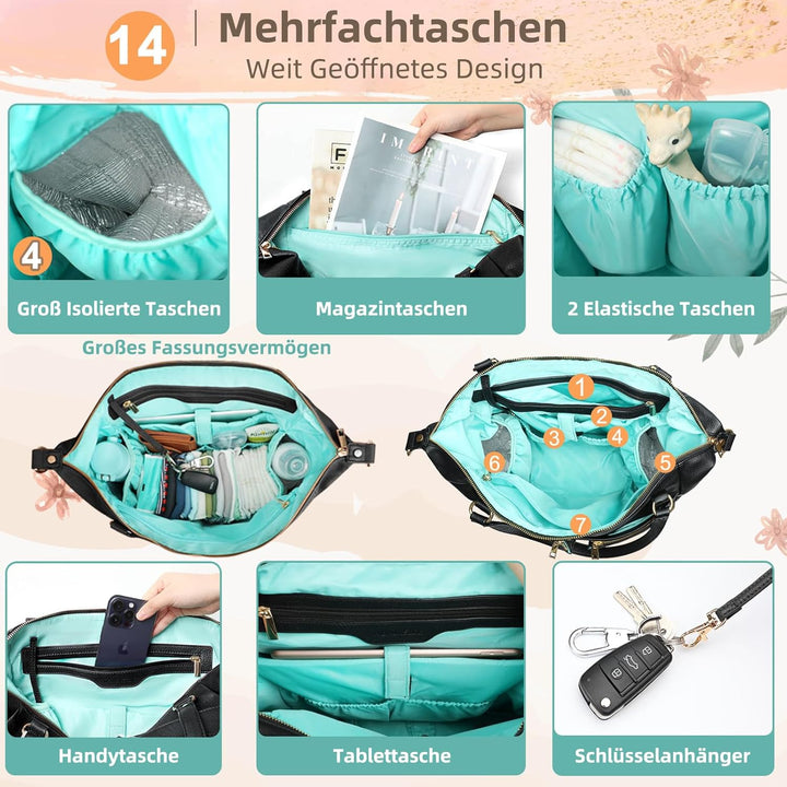 MISS FONG Wickelrucksack Wickeltasche Leder, Baby Rucksack Wickelrucksack Grosse Kapazität Mit 13 Wi