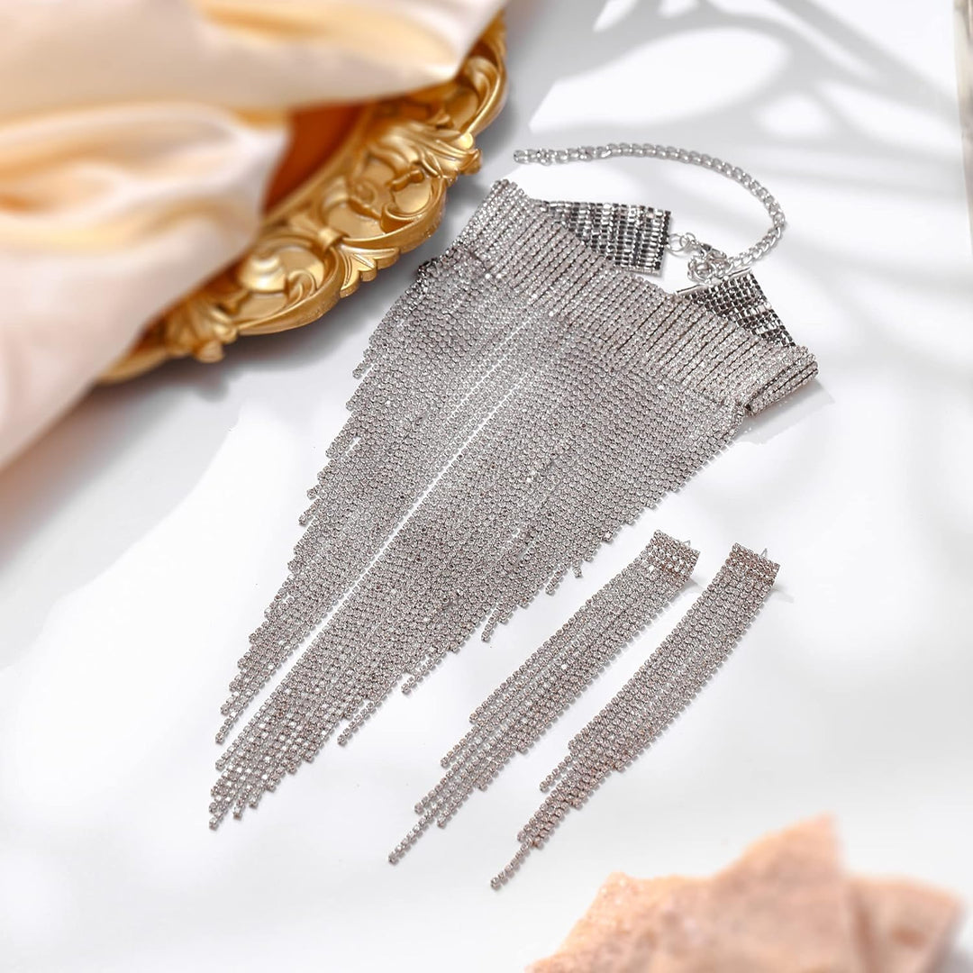 EVER FAITH Damen Kristall Lätzchen Anweisung Lange Quaste Choker Halskette Kostüm Schmuck Klar Silbe