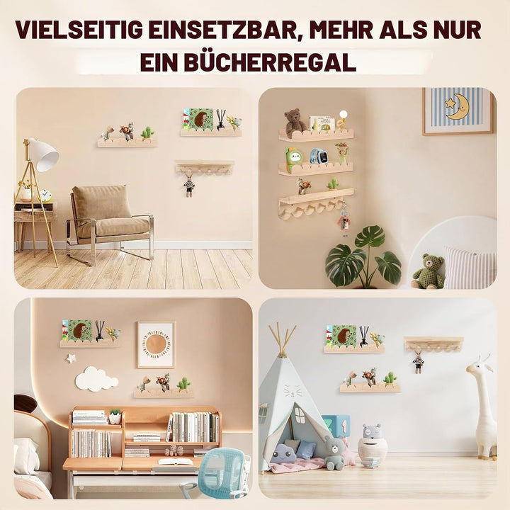 3er Set Bücherregal Kinder Wand, Wandregal Kinderzimmer 40cm, Holz Wandregal Bücher Schweberegale mi