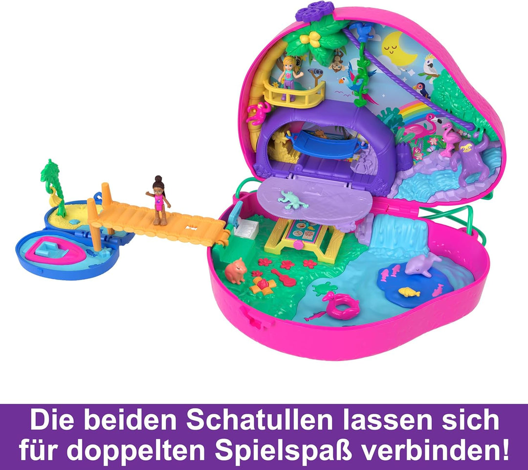 Polly Pocket Faultierfamilie 2-in-1 Taschenschatulle - Tropisches Abenteuer mit 12 Accessoires, Dsch