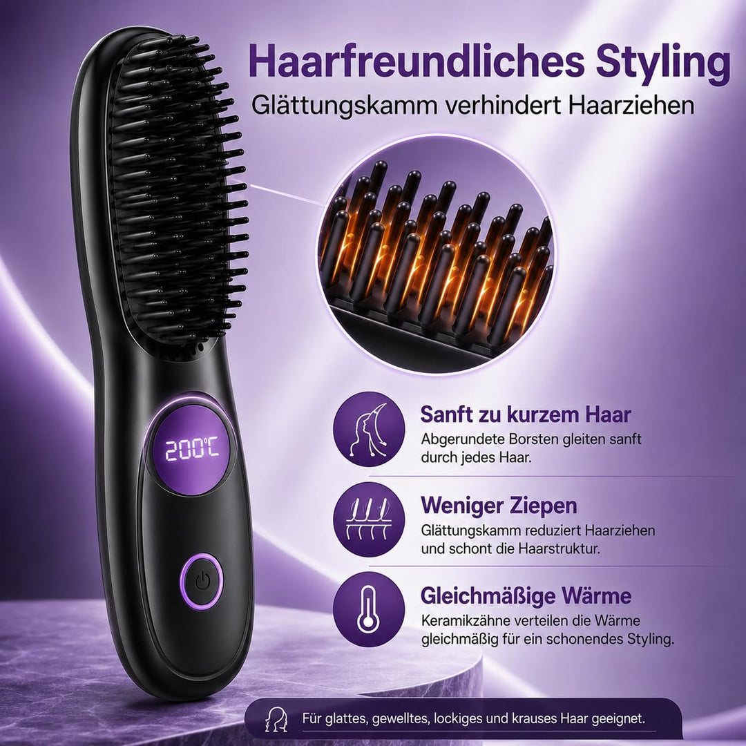 Glättbürste Kabellos, Stylingbürste für Kurze Haare mit LED Anzeige, 25s Keramikerwärmung Glättungsk