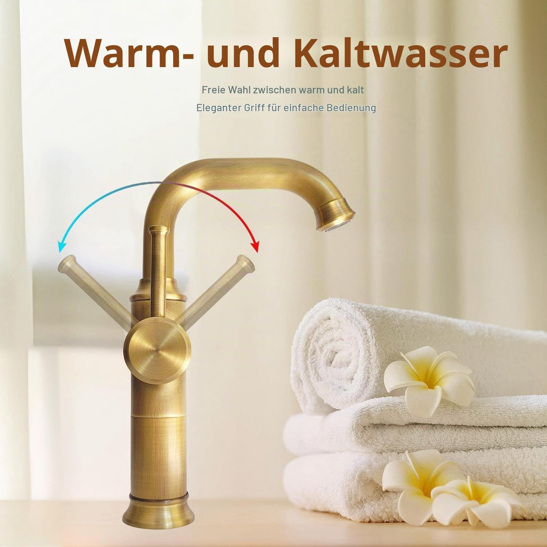 Wasserhahn Bad Antik Messing, Waschtischarmatur Hoch 360° Drehbar, Einhebel Mischbatterie Badarmatur