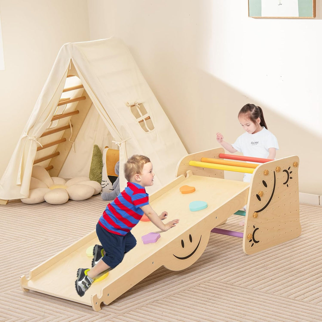 COSTWAY Kletterdreieck mit Rutsche, 6 in 1 Klettergerüst Indoor, inkl. höhenverstellbarem Tritthocke