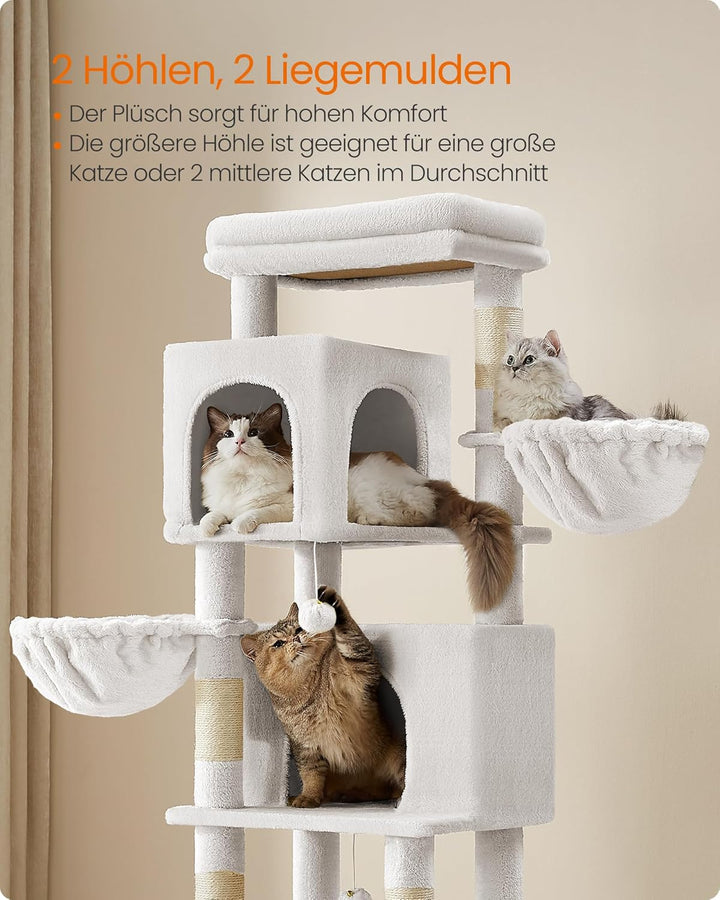 Feandrea Kratzbaum, 175 cm hoch, XL, mehrstöckiger Katzenbaum mit 2 Höhlen, 2 Liegemulden, 5 Kratzsä