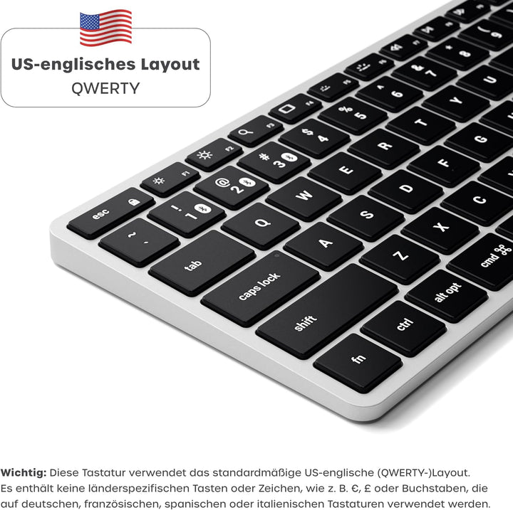 SATECHI Slim X1 Bluetooth Tastatur, 𝗤𝗪𝗘𝗥𝗧𝗬-𝗟𝗮𝘆𝗼𝘂𝘁, Hintergrundbeleuchtung, kompatibel mit vielen Ger