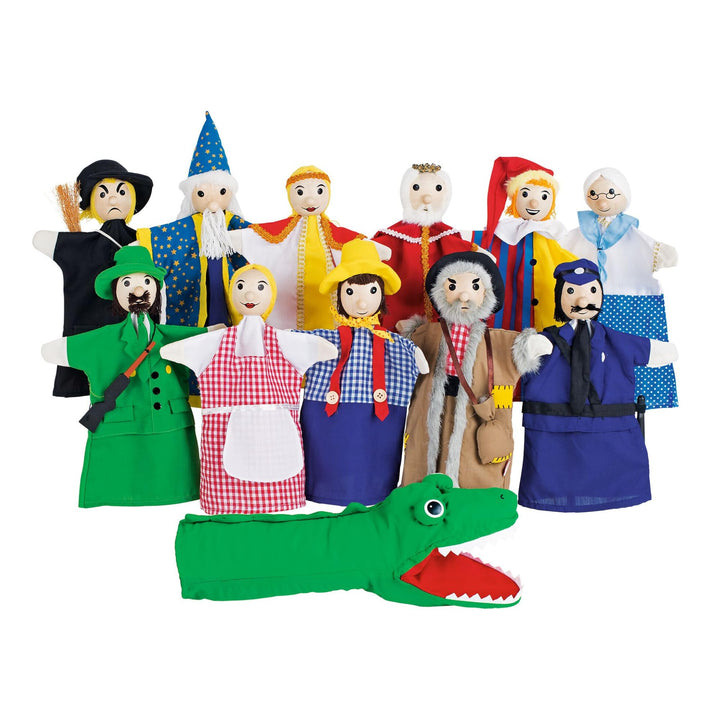 goki SO450 - Handpuppenset - liebevoll gestaltet aus Holz und Stoff - 12 Puppen