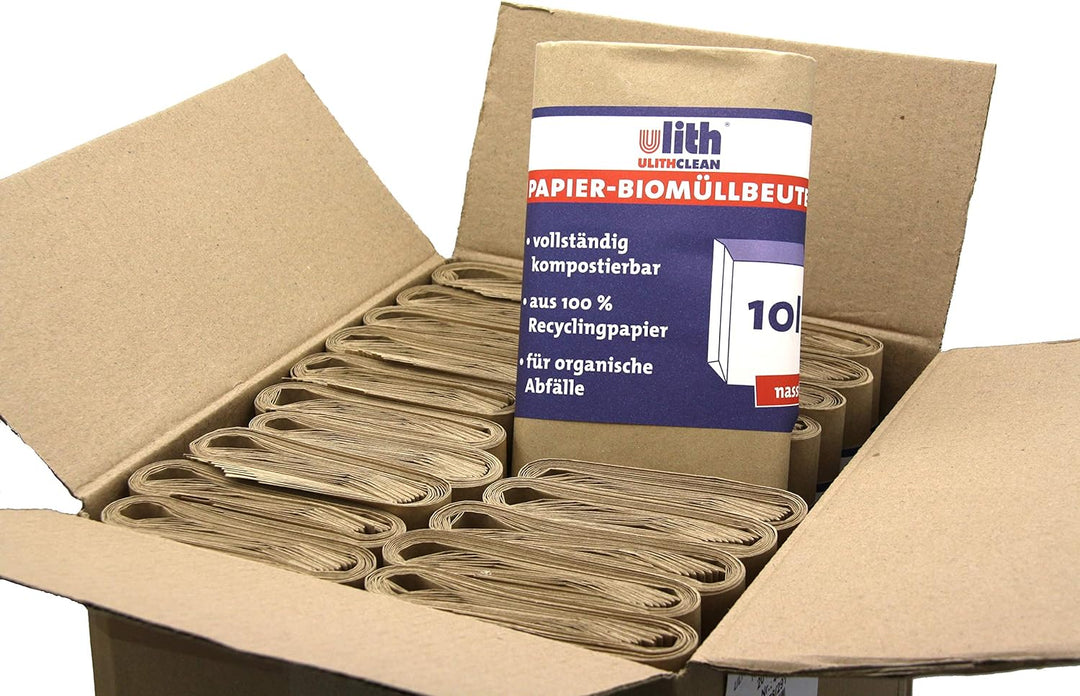 UlithClean Bioabfalltüte, Kompostbeutel, Biobeutel aus Papier, nassfest, 10 Liter, 270x200x160 mm, P