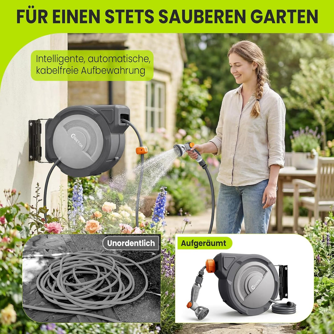 Schlauchtrommel 20m + 2m, 180°schwenkbar, Wandmontage, Automatischer Rücklauf, Längenarretierung, 10