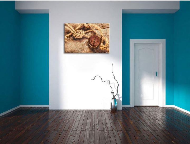 Pixxprint Schiffseil und Kompass auf Holzuntergrund Kunst Pinsel Effekt, Format: 100x70 auf Leinwand