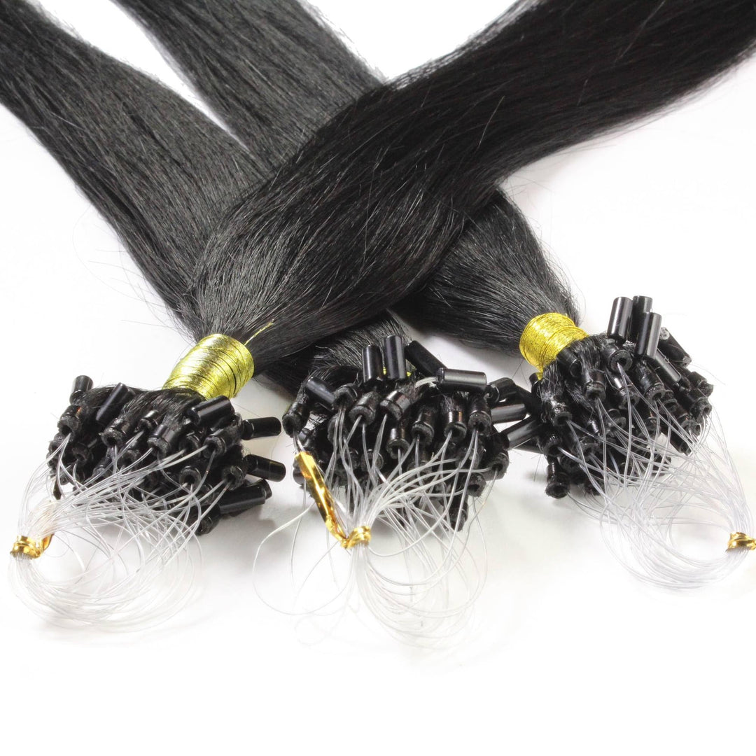 hair2heart Microring Extensions Echthaar glatt - 25 Strähnen 1g 60cm 2/0 schwarz 60cm 25 Strähnen #1