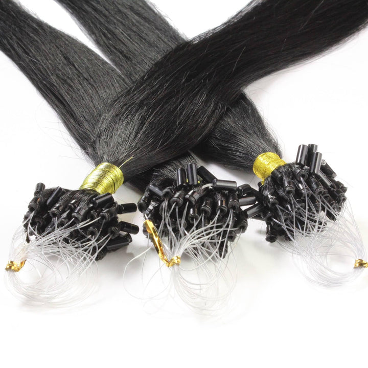hair2heart Microring Extensions Echthaar glatt - 25 Strähnen 1g 60cm 2/0 schwarz 60cm 25 Strähnen #1
