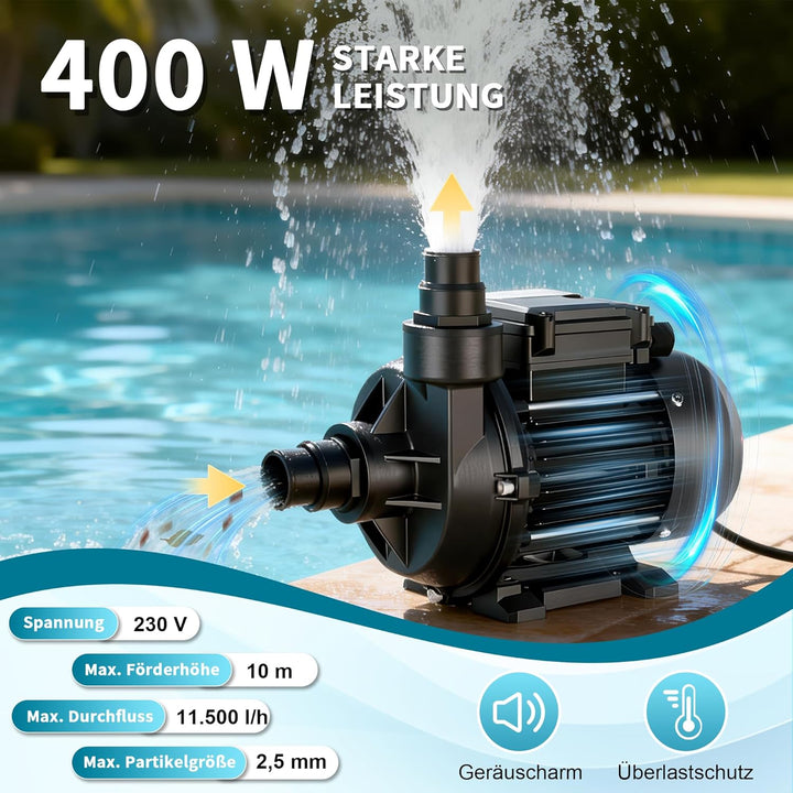 LANCHEZ Poolpumpe 400W, max. Fördermenge 11.500 l/h Pool filterpumpe, max. Förderhöhe 10 m, Schwimmb