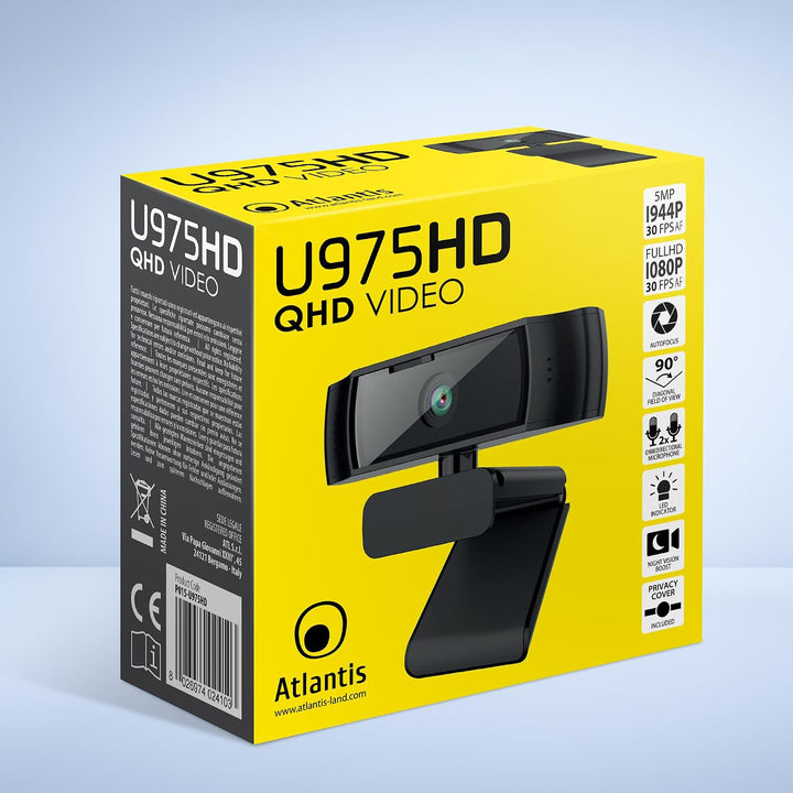 Atlantis USB-Webcam 2K 5MP 30fps mit Autofokus und Dual-Mikrofon