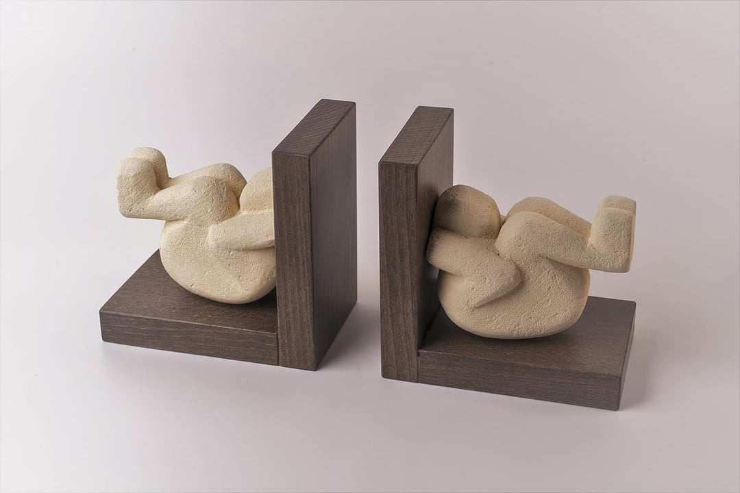 1 Paar Buchstützen Telamone mit Steinskulptur und Holzsockel, Moderne Design-Geschenkidee für Dekora