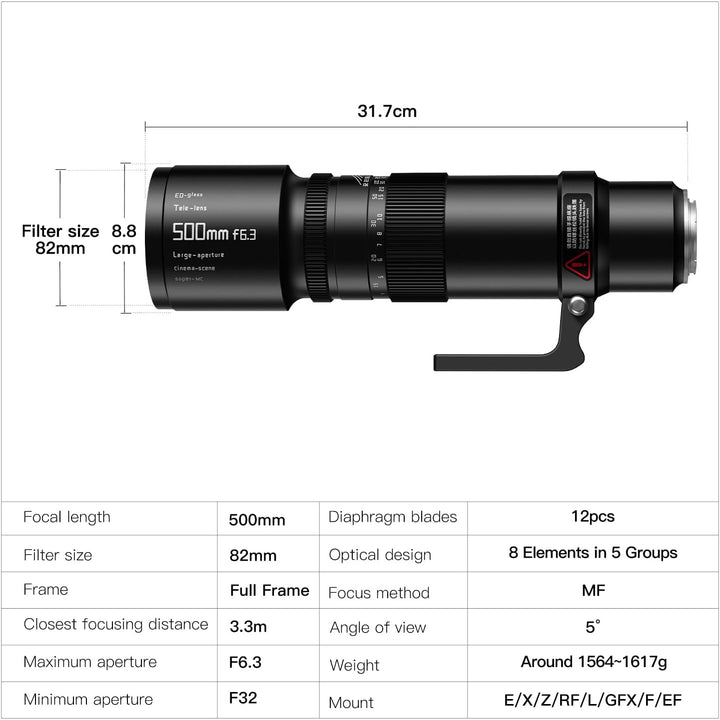 TTARTISAN 500 mm F6.3 Teleobjektiv, Vollformat für Canon RF Mount 500 mm F/6.3 Superteleobjektiv Pri