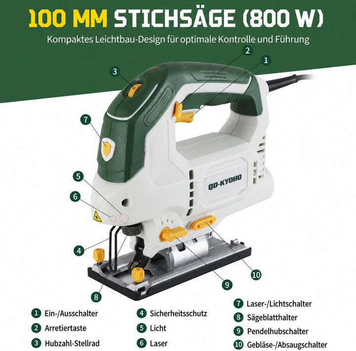 Stichsäge 800W für Holzbearbeitung, 3200 SPM Schnur-Stichsäge mit eingebautem Laser & LED-Licht, 4 O