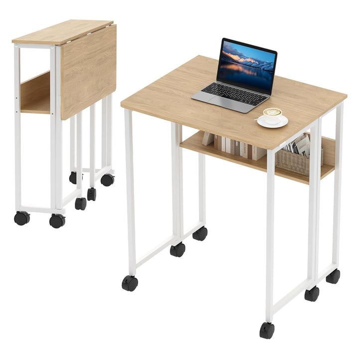 Klappbarer Schreibtisch Mit Rollen Und Stauraum, 63x50x75 cm Platzsparender Computertisch Für Home O