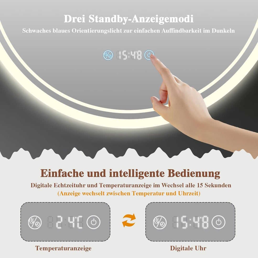 Badspiegel mit Beleuchtung - Badezimmer-Spiegel-LED mit Beschlagfrei, Touch-Schalter, Dimmbar, 3 Lic