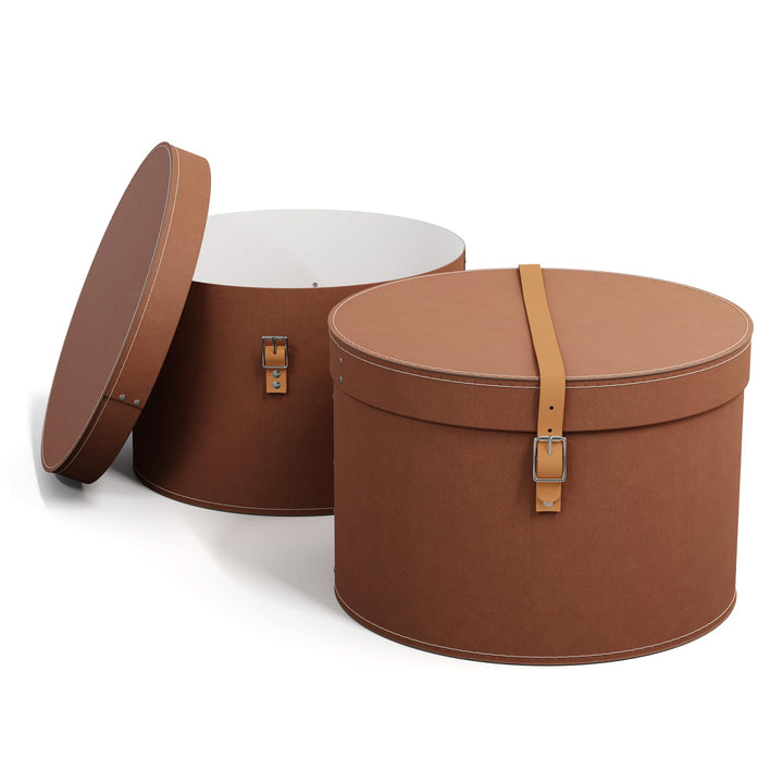 BIGSO RUT 2er-Set Aufbewahrungsbox mit Deckel – runde Ordnungsbox mit Lederriemen – grosse und klein