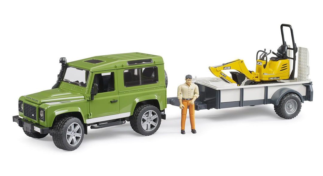 bruder 02593 - Land Rover Defender Station Wagon mit Einachsanhänger, JCB Mikrobagger 8010 Cts, Baua