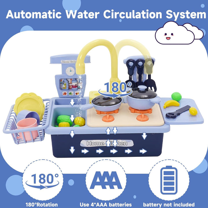 Küchenspüle Spielzeug Set mit Wasserfunktion, Waschbecken Kinder mit Elektrischem Wasserhahn, Geschi