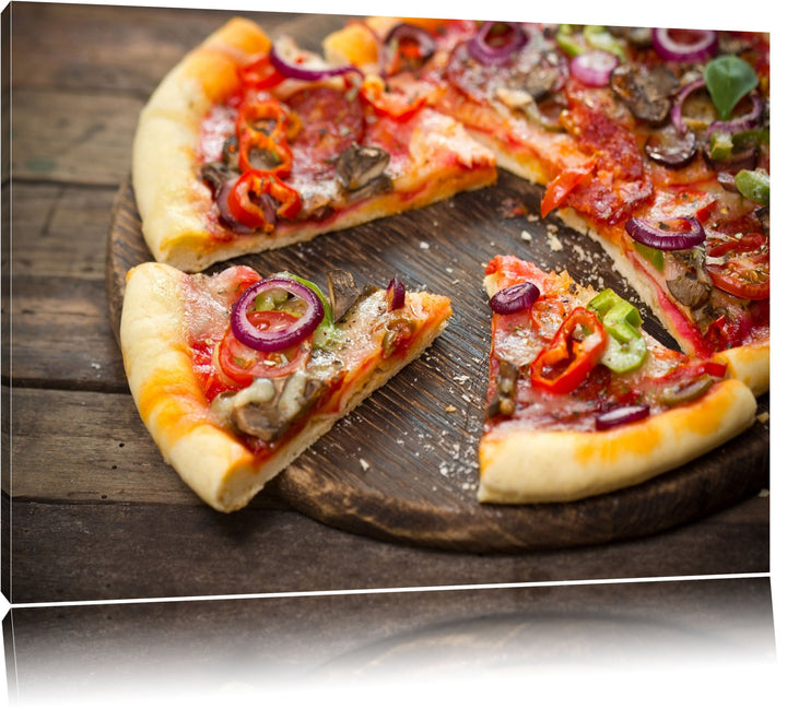Leckere Pizza auf Holztisch Format: 100x70 auf Leinwand, XXL riesige Bilder fertig gerahmt mit Keilr
