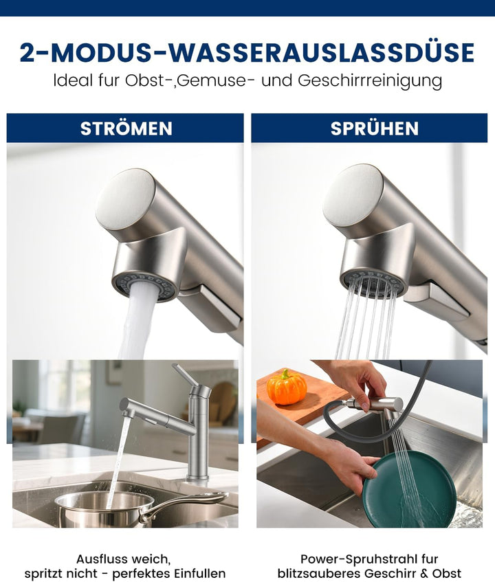 DAYONE Wasserhahn Küche, SUS304 Edelstahl Küchenarmatur Ausziehbar, Hochdruck Armatur Küche 120° Dre