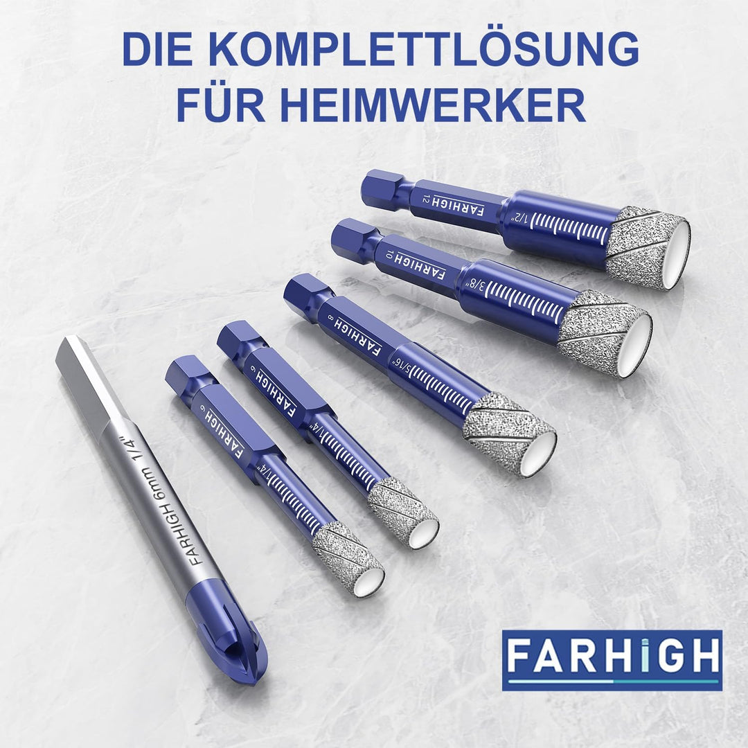 Diamantbohrer Fliesenbohrer Glasbohrer Set 6 tlg. 6, 8, 10, 12mm & 6mm Wolframstahl-Legierungsbohrer