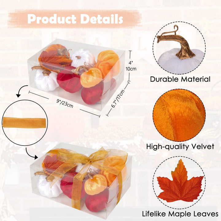 12PCS Herbst Deko, Halloween Kürbis set, Kürbisse , Samt Plastik mini mit 24 Pcs künstliche Ahornblä