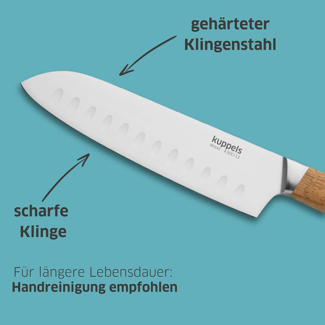 Kuppels Wood Santoku Messer mit Kullenschliff, 17 cm Klingenlänge, extrem scharf & schnitthaltig, Me
