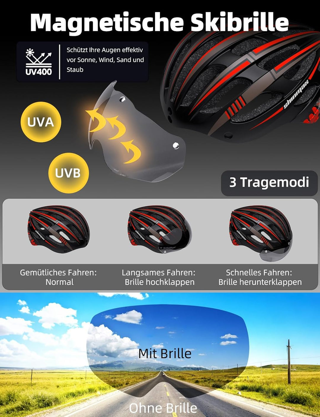 Shinmax Fahrradhelm Herren Damen mit Visier, Magnetischer Abnehmbarer Schutzbrille und USB-Aufladung