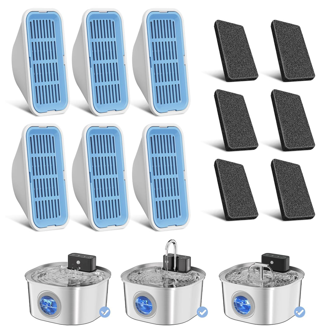 Ersatz-Katzen-Wasserbrunnenfilter, 6 Filter und 6 Vorfilterschwämme für 3,2 l Edelstahl-Wasserbrunne