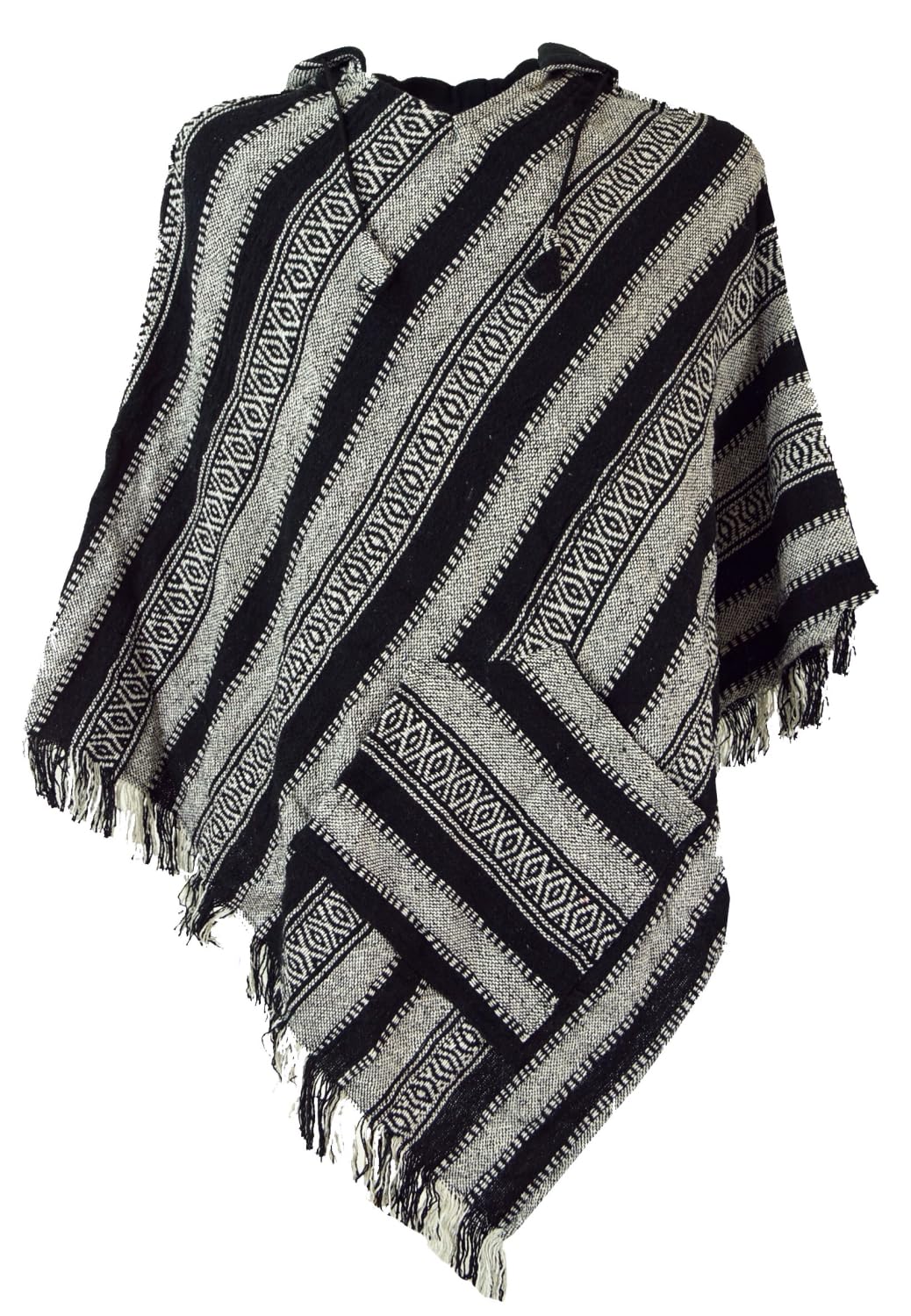 GURU SHOP Poncho Hippie Chic, Andenponcho mit Fransen, Herren/Damen, Schwarz, Baumwolle, Size:One Si