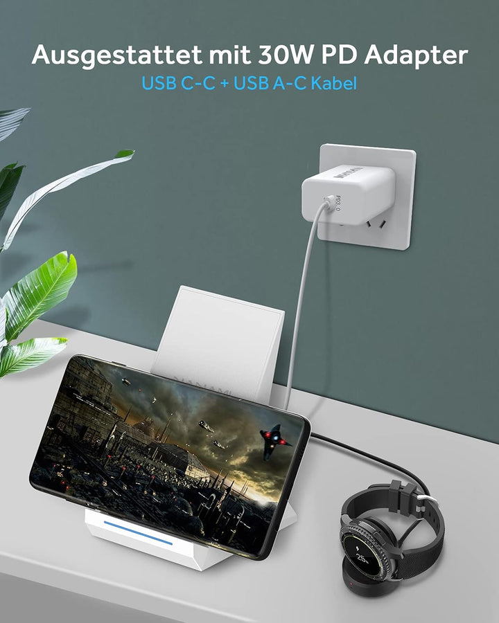 NANAMI Wireless Charger mit 30W USB-C Ladegerät - 2 in 1 Induktive Ladeständer mit Anschluss, Qi Kab