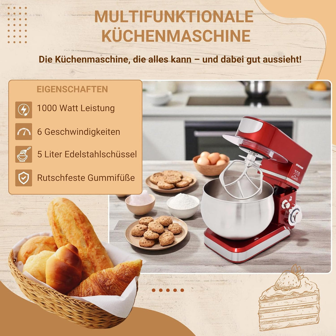 Syntrox Küchenmaschine & Knetmaschine Rot Basic 5 Liter, Stabile rutschfeste Gummifüsse, Hochwertige