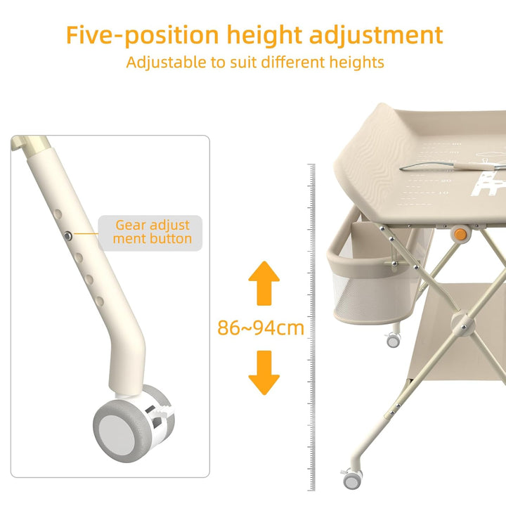 Klappbarer Wickeltisch Baby Höhenverstellbar – Mobile Wickelkommode mit Ablagekörben, Sicherheitsgur