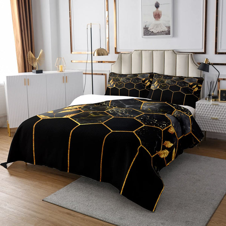 Marmor Tagesdecke Set 220x240, Schwarz Grau Geometrisches Gold Plaid Bettwäsche Set, Modernes Luxus